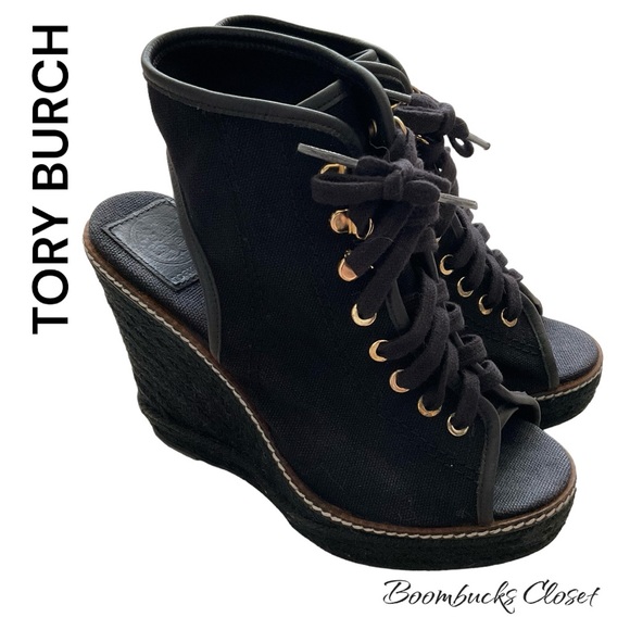 TORY BURCH Black and gold Lace up  OPEN TOE JUTE WEDGE HEEL PLATFORM HEELS - Picture 2 of 9